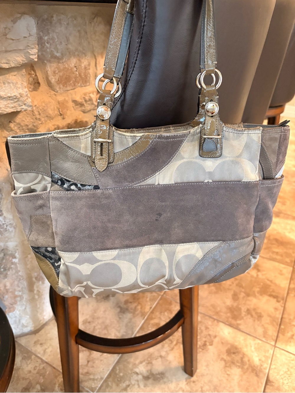 Coach Neutral Patchwork Shoulder Tote in Gray and Taupe